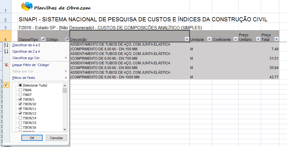 Sinapi Janeiro de 2016 – Planilhas de Obra