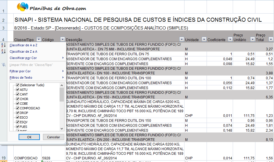 Composições e Insumos Sinapi – Agosto/2016 – Planilhas de Obra