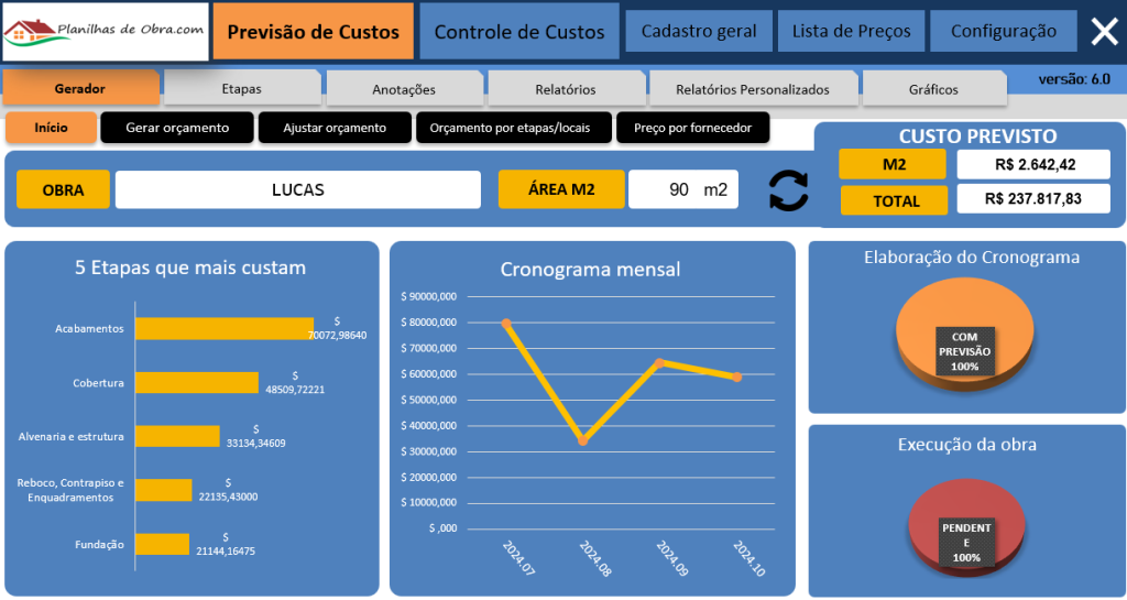 Planilha de orçamento de obras